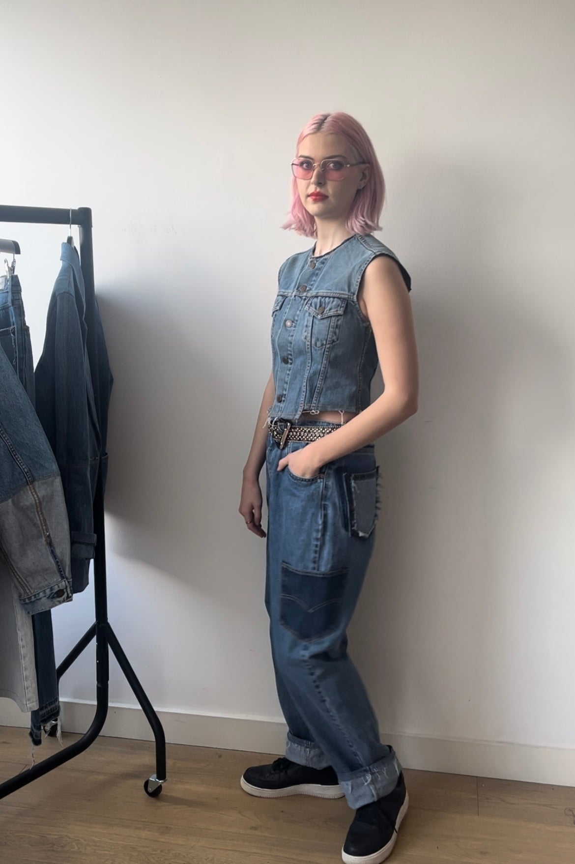 Berta mid wash denim waistcoat with stepped hem detail