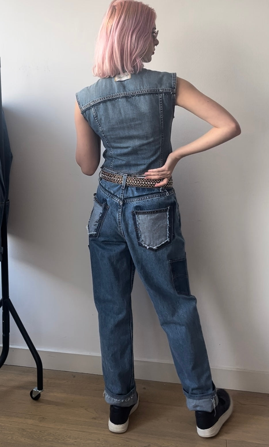 Berta mid wash denim waistcoat with stepped hem detail