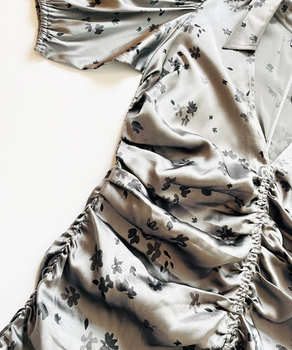 Ganni Grey Satin Silk Floral Midi Dress